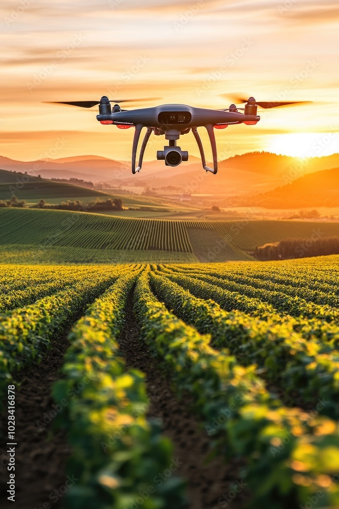 Drone flying at sunset over lush green field, scenic landscape, agricultural technology Drone flying at sunset over lush green field, scenic landscape, agricultural technology