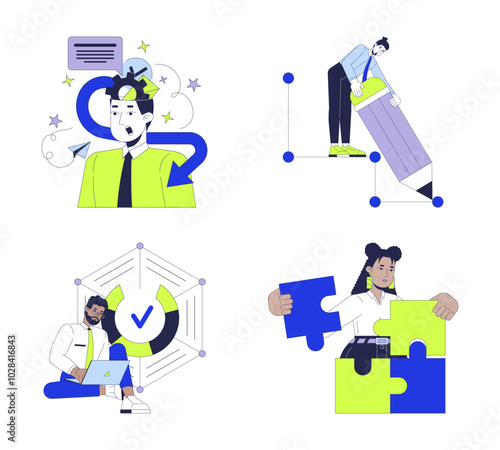Innovative business people diverse 2D illustration concepts set. Successful entrepreneurs cartoon characters isolated on white. Corporate transformation metaphors abstract flat vector collection