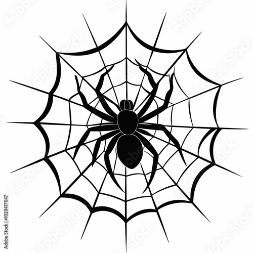 A spider spinning a web silhouette vector illustration on white background