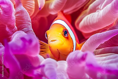 Close-up of an Orange Clownfish Hiding in a Pink Anemone.