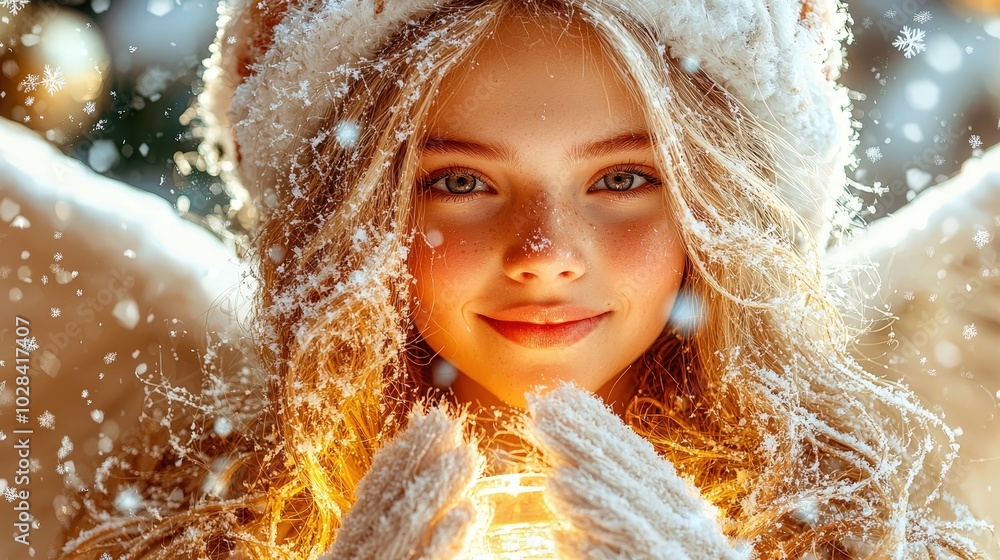 Winter Fairy with Glowing Lantern in a Snowy Scene Winter Fairy with Glowing Lantern in a Snowy Scene