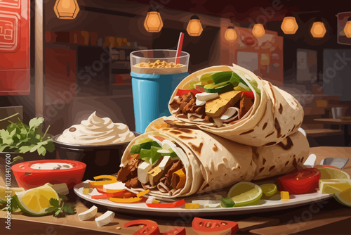 Shawarma is a Middle Eastern dish consisting of meat that is cut into thin slices, stacked in an inverted cone, and roasted on a slow-turning vertical