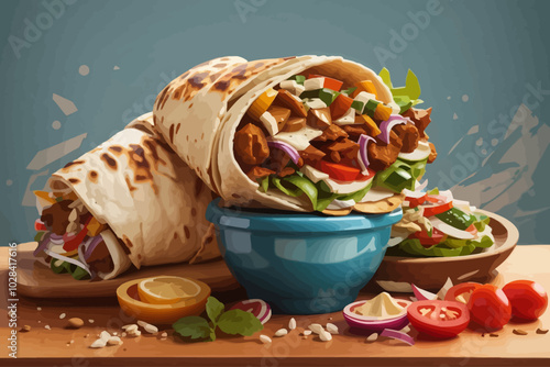 Shawarma is a Middle Eastern dish consisting of meat that is cut into thin slices, stacked in an inverted cone, and roasted on a slow-turning vertical