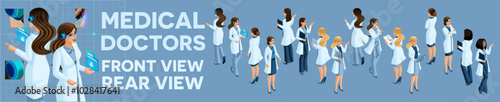 Isometric Kit of Female Doctors and Female Surgeons, front view and rear view, Vector illustration
