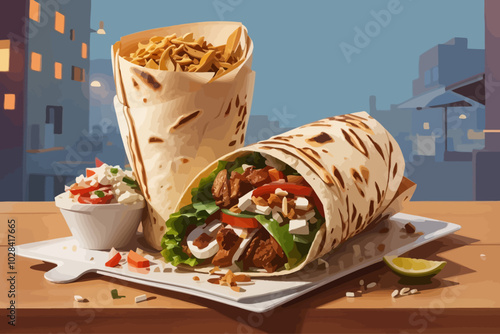 Shawarma is a Middle Eastern dish consisting of meat that is cut into thin slices, stacked in an inverted cone, and roasted on a slow-turning vertical