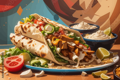 Shawarma is a Middle Eastern dish consisting of meat that is cut into thin slices, stacked in an inverted cone, and roasted on a slow-turning vertical