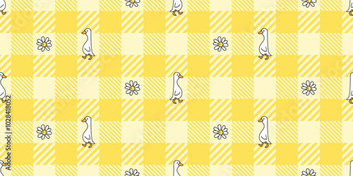 duck seamless pattern walking flower daisy rubber duck chicken bird vector tartan plaid pet doodle cartoon animal farm tile wallpaper wrapping paper repeat background illustration scarf isolated desig