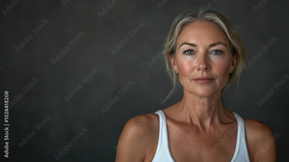 Beautiful older woman in white t-shirt female breast dark background Breast cancer support, prevention, mammography, screening, oncology, cancer treatment Beautiful older woman in white t-shirt female breast dark background Breast cancer support, prevention, mammography, screening, oncology, cancer treatment