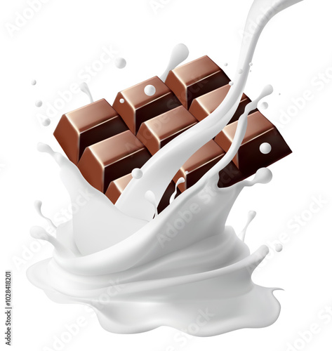 Chocolate bar rotates in splashes of milk on background Isolated on background. Vector illustration. Gradient Mesh