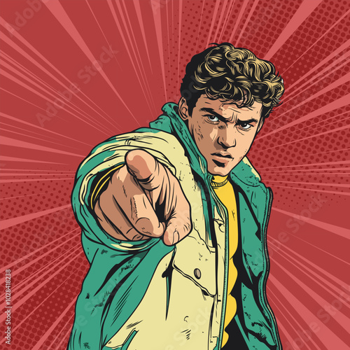 Pop Art Comic Young Man pointing finger Stock Vector Illustration