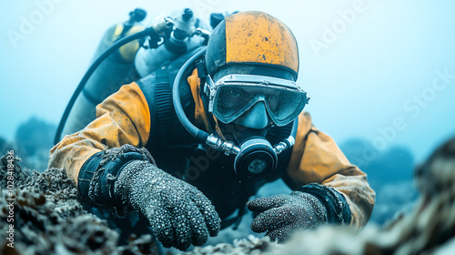 A diver exploring an underwater reef, showcasing marine life and vibrant colors, emphasizing the beauty of ocean exploration. photo