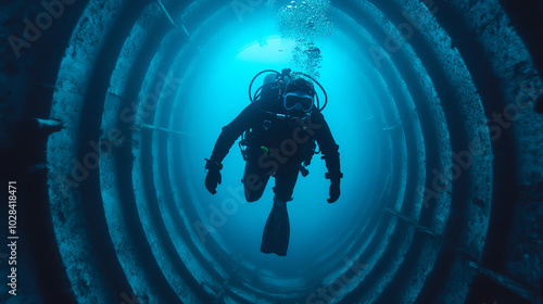 A diver explores an underwater tunnel, surrounded by blue water and bubbles, showcasing the beauty and mystery of marine environments. photo