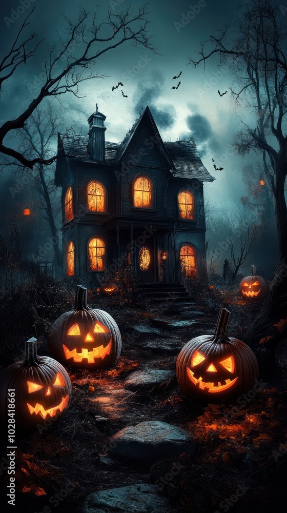 Haunted pathway to a gothic house with pumpkins Haunted pathway to a gothic house with pumpkins