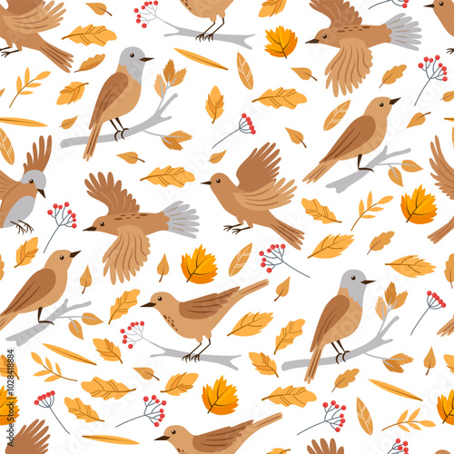 Forest birds vector seamless pattern. Birds and autumn leaves background. Print for packaging, wallpaper, textile.