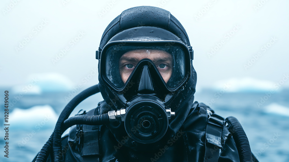 A diver in a full-face diving mask stands against a misty, icy backdrop, showcasing the intensity and focus required for underwater exploration in challenging environments. A diver in a full-face diving mask stands against a misty, icy backdrop, showcasing the intensity and focus required for underwater exploration in challenging environments.