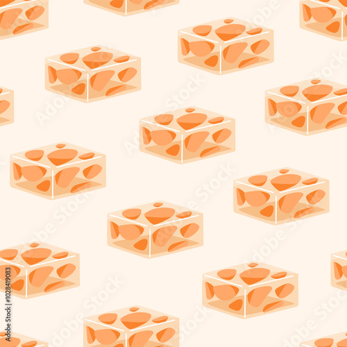 Jelly dessert pattern. Seamless background with sweet gelatin and fruit piece...
