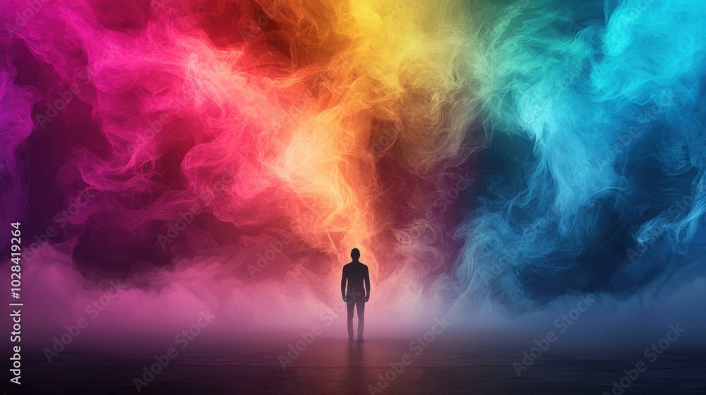 Colorful Aura: A human figure standing in the middle of a grey world, surrounded by a vibrant, glowing aura of colors, representing the effect of positivity on one's surroundings Colorful Aura: A human figure standing in the middle of a grey world, surrounded by a vibrant, glowing aura of colors, representing the effect of positivity on one's surroundings