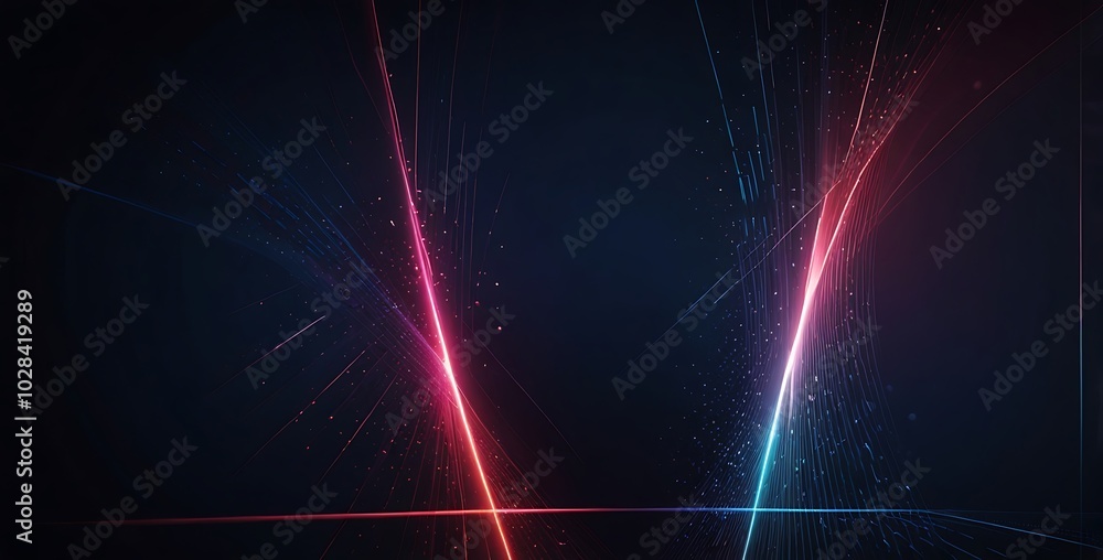 Fototapeta premium A futuristic vector illustration with a dark blue gradient background, featuring glowing diagonal light streaks in pink and red. Ai Generated