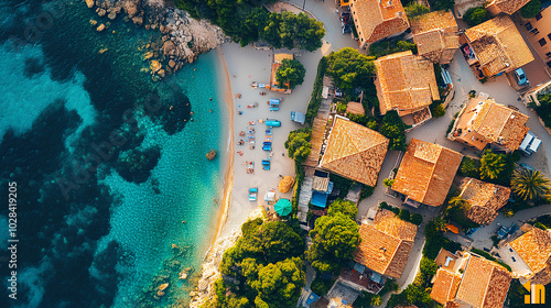 Aerial View of Charming Seaside Village with Sandy Beach and Crystal Clear Waters, Mediterranean Coastline