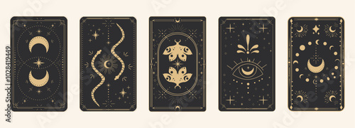 Tarot reverce border magic sacred frame gold line border celelstial mystery esoteric cover card decoration with snake stars and moon on dark background.