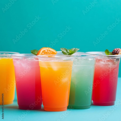 Assortment of colorful tropical drinks in plastic cups, bright background, street food, refreshing beverages