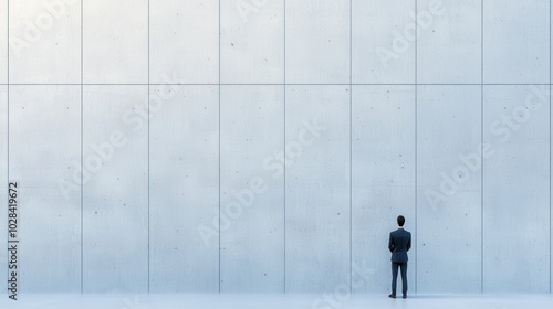 Concrete Wall of Thought: A person standing before a tall, featureless concrete wall, unable to see the opportunities beyond. The mind appears to be shut off, with no light or movement photo