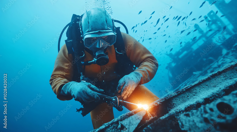 A diver performs underwater welding on a shipwreck, surrounded by marine life and oceanic blue tones, capturing the intricate blend of human skill and natural beauty. A diver performs underwater welding on a shipwreck, surrounded by marine life and oceanic blue tones, capturing the intricate blend of human skill and natural beauty.