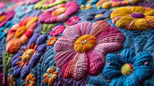 Close-up of a Colorful Fabric Flower Quilt