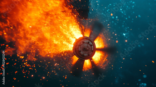 A dynamic underwater scene showcasing a propeller generating flames and sparks amidst the blue depths, highlighting the power of technology in aquatic environments.