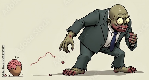 A slouching, mismatched zombie stumbles forward with bulging eyes and a torn suit. One arm dangles loosely, while he holds his fragile brain in both hands, trying to keep it intact, giving him a clums photo