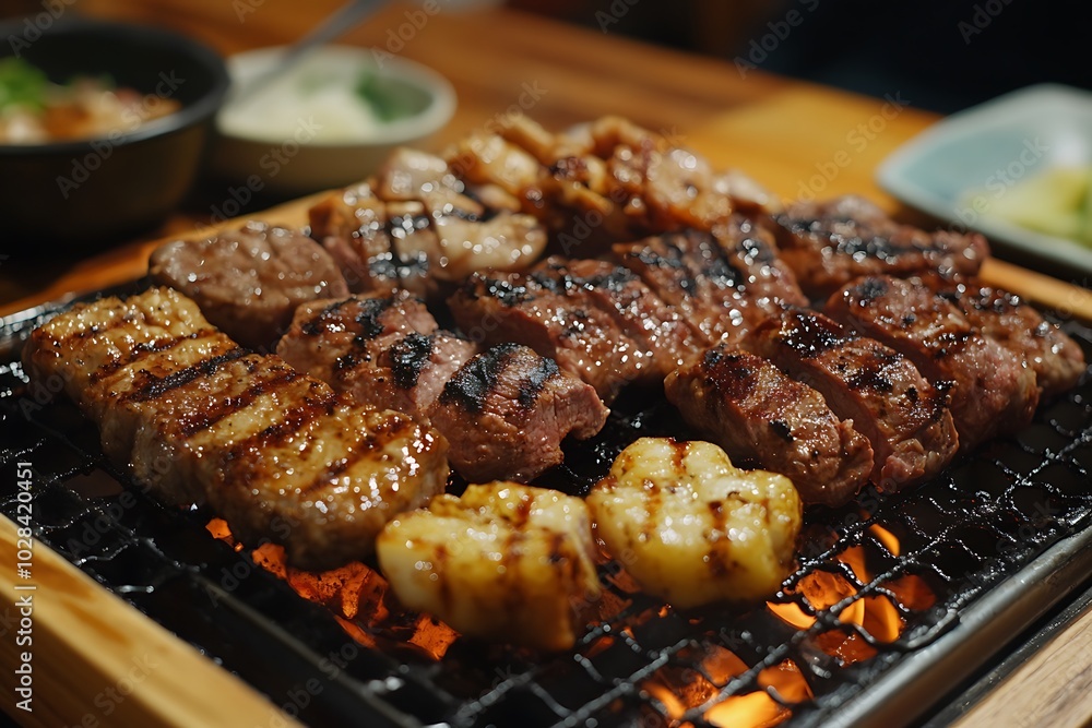 Close Up of Grilled Meat and Vegetables on a Hot Grill. Close Up of Grilled Meat and Vegetables on a Hot Grill.