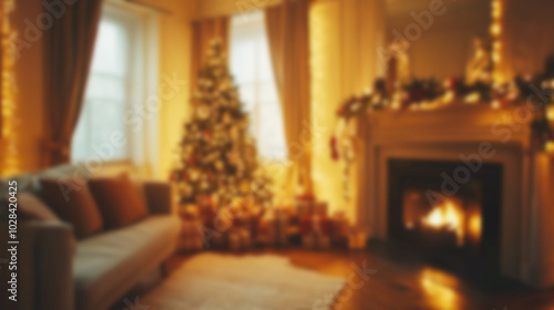 Cozy Christmas living room with a decorated tree and warm fireplace inviting video call atmosphere