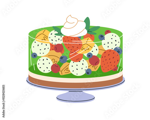 Jelly fruit cake on platter dish. Sweet colorful dessert from gelatin and ber...