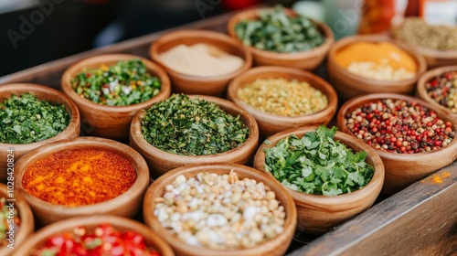 Fototapeta Naklejka Na Ścianę i Meble -  Fresh herbs and spices in small bowls at a food stall, rich textures, street food, flavor diversity