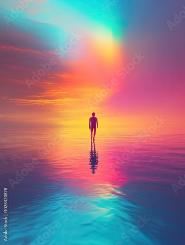 Silhouette on colorful horizon, sunset over ocean, vibrant sky reflection, surreal landscape, dreamy atmospheric scene