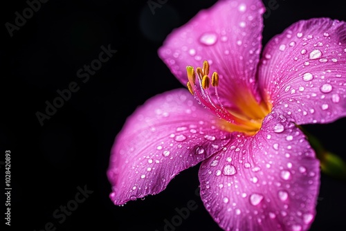 Pink flower with dew droplets against a dark background.