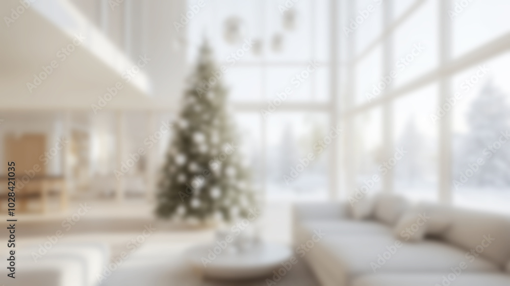 Fototapeta premium Modern minimalist Christmas tree in a sleek white living room during winter