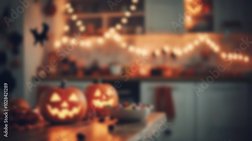 Soft-focus Halloween kitchen interior decorated with pumpkins and lights for a festive atmosphere