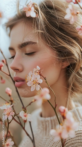 Woman with Flowers in Springtime - Portrait of Beauty and Nature