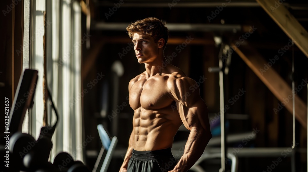 Fit Male Model in Bright Indoor Gym Setting Fit Male Model in Bright Indoor Gym Setting
