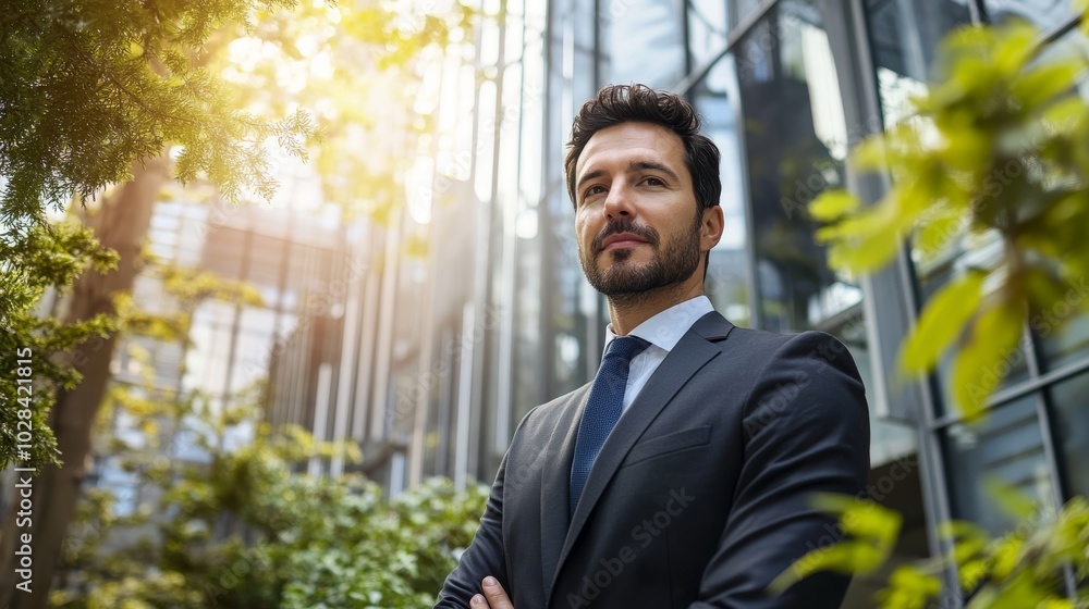 A confident businessman stands among greenery, with sunlight filtering through modern glass buildings, embodying a blend of nature and professionalism. A confident businessman stands among greenery, with sunlight filtering through modern glass buildings, embodying a blend of nature and professionalism.
