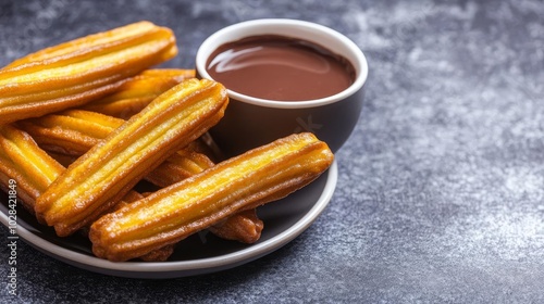 Freshly fried churros with hot chocolate sauce, festive ambiance, street food, sweet treat