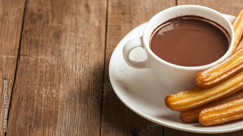 Freshly fried churros with hot chocolate sauce, festive ambiance, street food, sweet treat