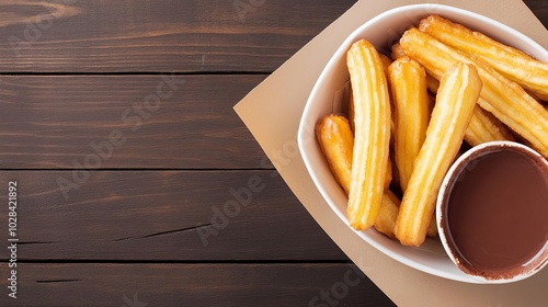 Freshly fried churros with hot chocolate sauce, festive ambiance, street food, sweet treat