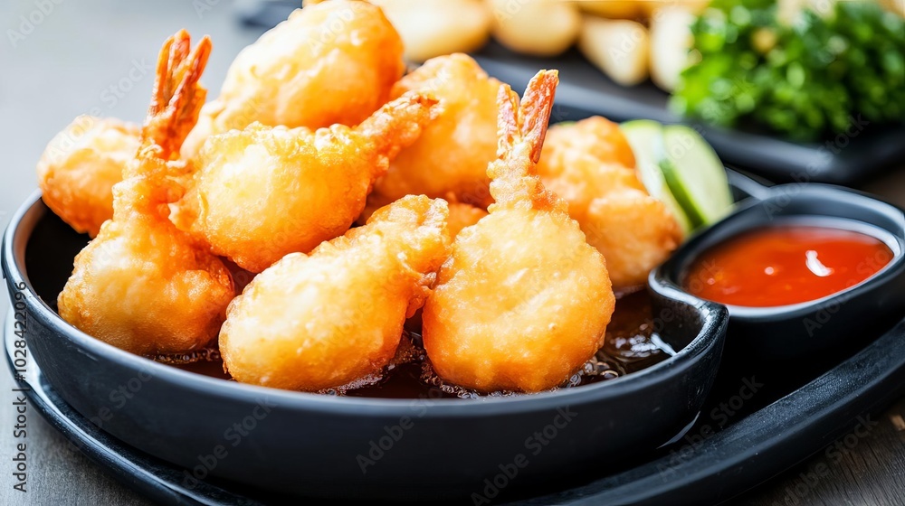 Freshly fried tempura with rich batter, sizzling oil, street food, crispy treat Freshly fried tempura with rich batter, sizzling oil, street food, crispy treat