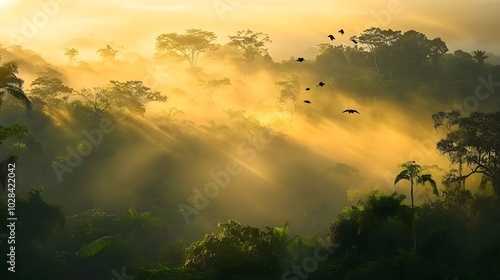 79. A sunrise over a tropical rainforest, with mist rising above the canopy and exotic birds perched on branches