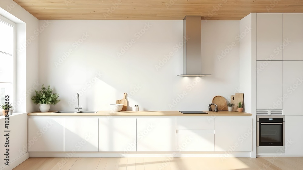 Fototapeta premium Minimalist kitchen with white walls, natural wood and large windows that let in light