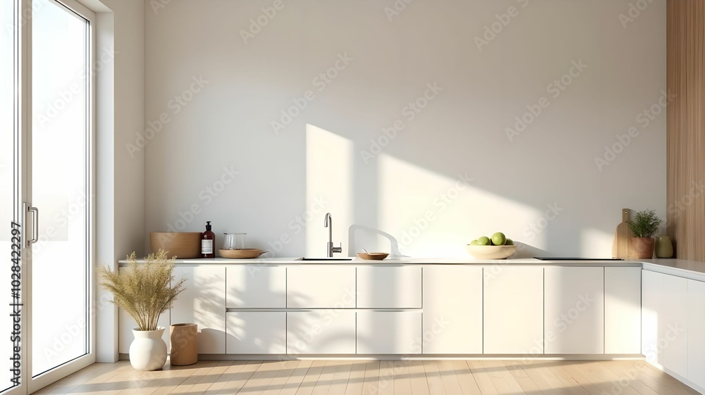 Fototapeta premium Minimalist kitchen with white walls, natural wood and large windows that let in light