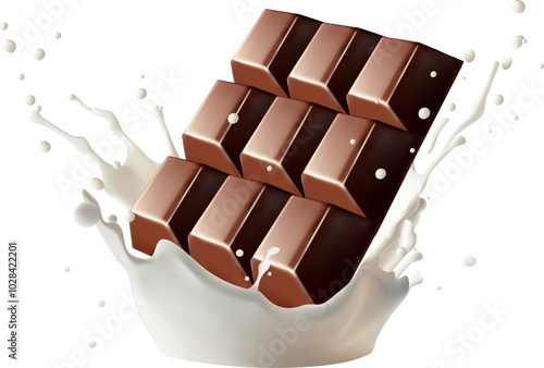 Chocolate bar rotates in splashes of milk on background Isolated on background. Vector illustration. Gradient Mesh