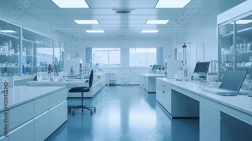 Sleek, modern medical research laboratory with vacant stations and high-tech gear.